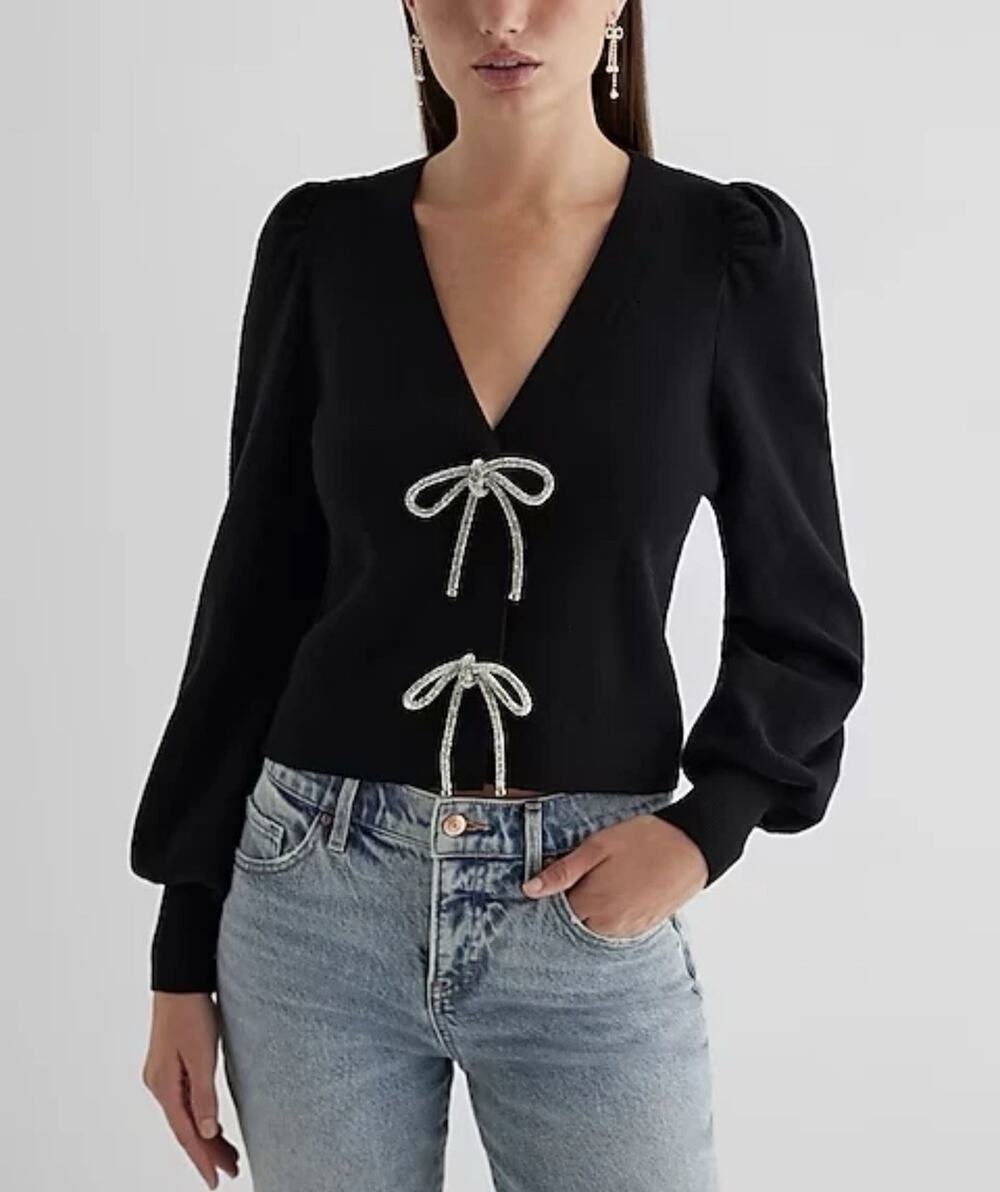 Express Women's Black Bow Cardigan Sweater V Neck Button Front Medium NWT